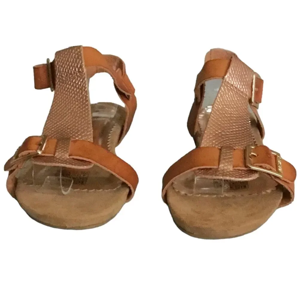 Nine West Girls Sandals Rose Gold Camel Tan Leather Buckle Flat Girls Size 4